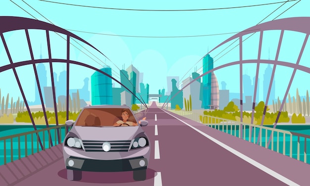 Vector modern highway bridge city traffic luxury car on road driver sitting in vehicle looking in window character skyscrapers apartment buildings cityscape