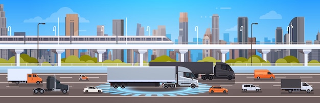 modern highway road with cars, lorry and cargo trucks over city background traffic concept
