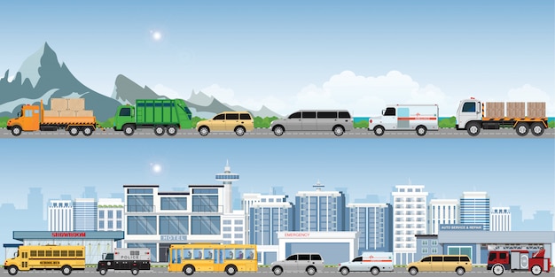 Vector modern highways road with many different vehicles.