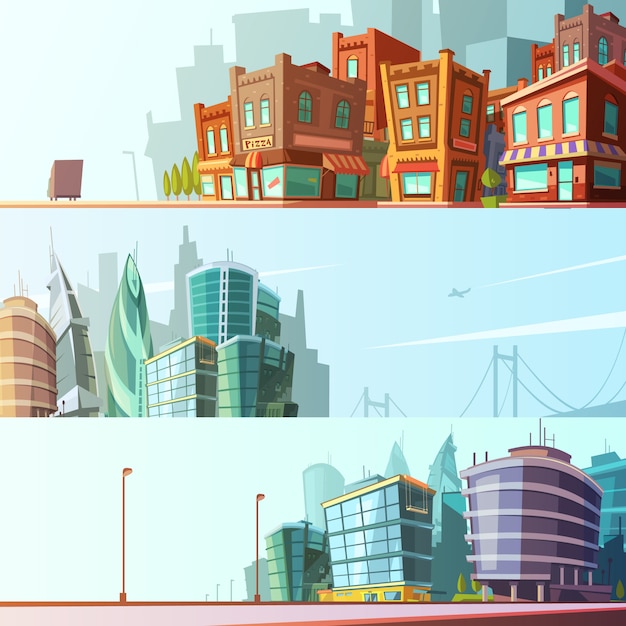 Modern and historical bay area street view day skyline horizontal background set cartoon isolated vector illustration