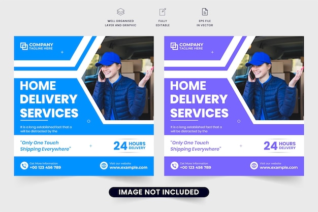 Modern home delivery service business promotion template vector Groceries and food delivery service social media post design with purple and blue colors 24 hours home delivery business template