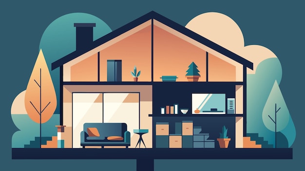 Modern Home Interior Design at Dusk Vector Illustration