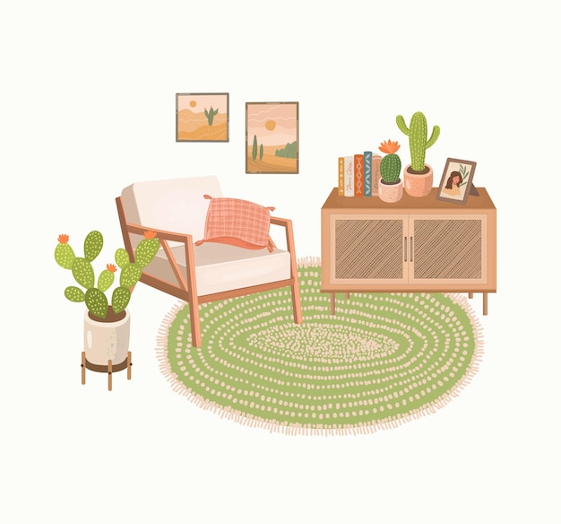 Modern home interior with armchair, credenza, rug, house plants