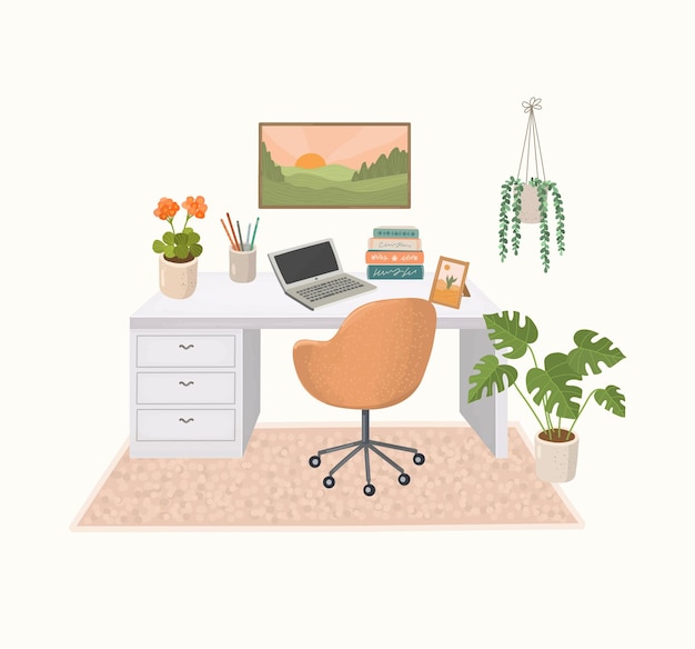 Vector modern home interior with desk and house plants