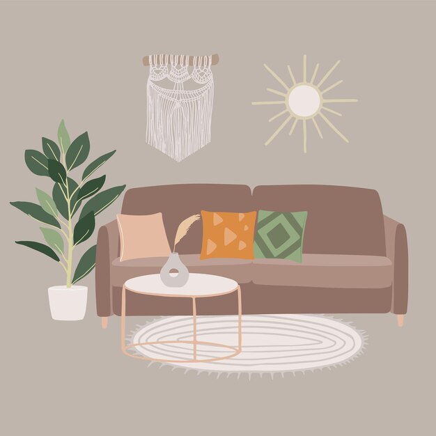 Vector modern home interior with sofa plant mirror bohemian mid century interior style vector illustration