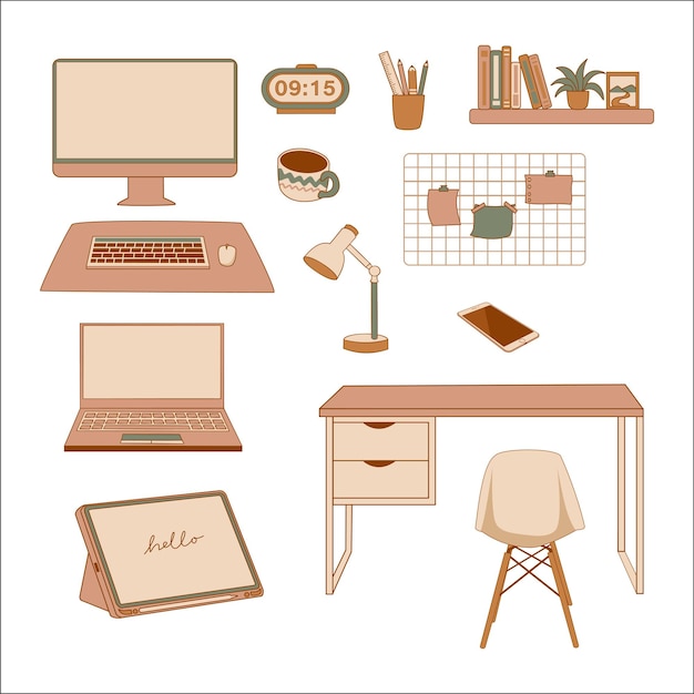 Vector modern home office device and supplies