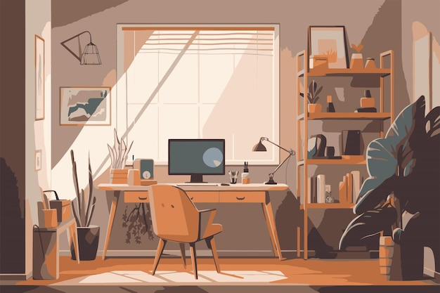 Vector modern home office interior workplace with computer chair plant bookshelf coffee table and other items vector illustration