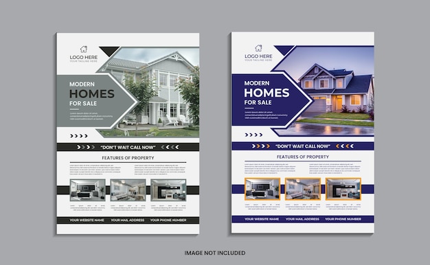 Modern Home for sale flyer design on a clean background with abstract shapes.