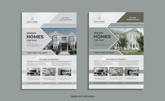 Vector modern home for sale flyer design with simple shapes and data.