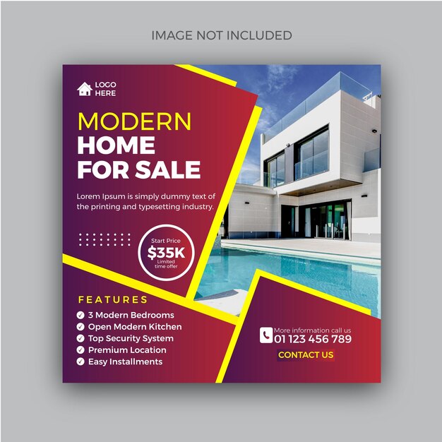 Modern Home For Sale property advertising social media post template