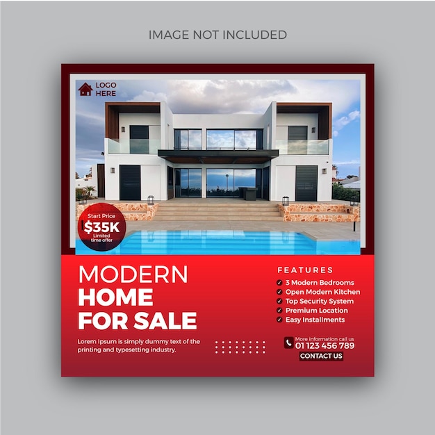 Modern Home For Sale social media post or square banner template