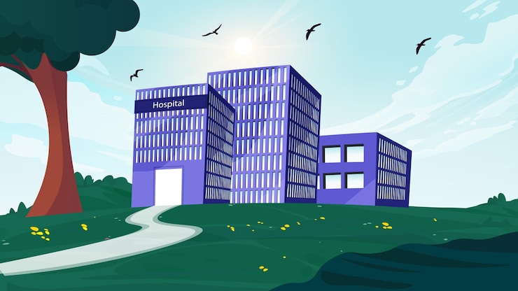 Vector modern hospital nestled in a lush landscape with birds soaring at dawn