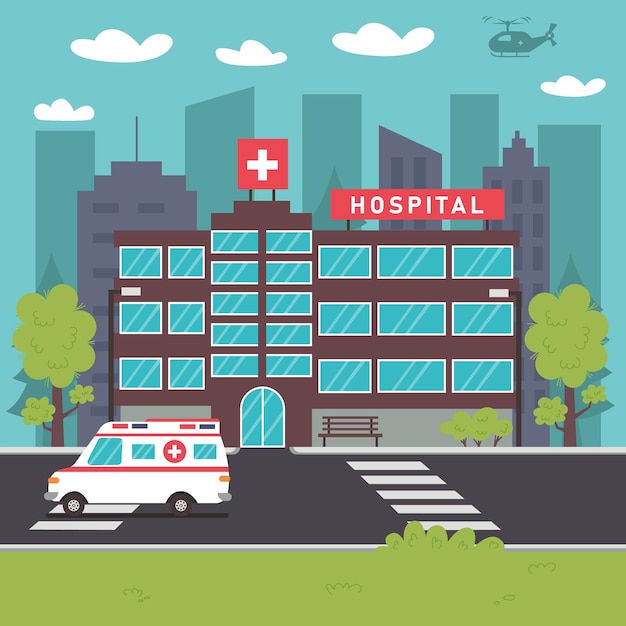 Vector modern hospital outside city background. medical institution. building medical care. ambulance near the hospital. modern vector flat isolated illustration