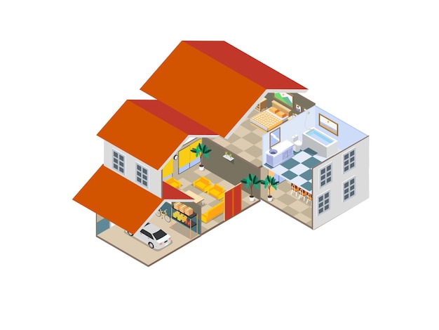 Modern house cross section with rooms