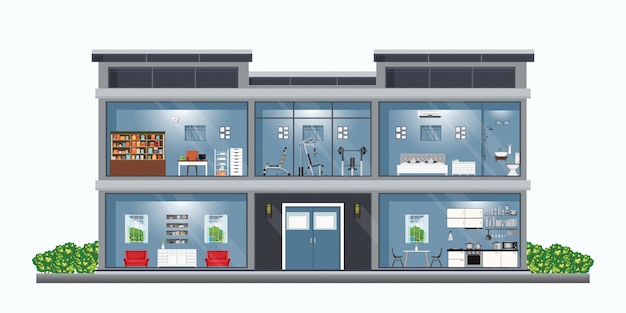 Vector modern house cross section with rooms.