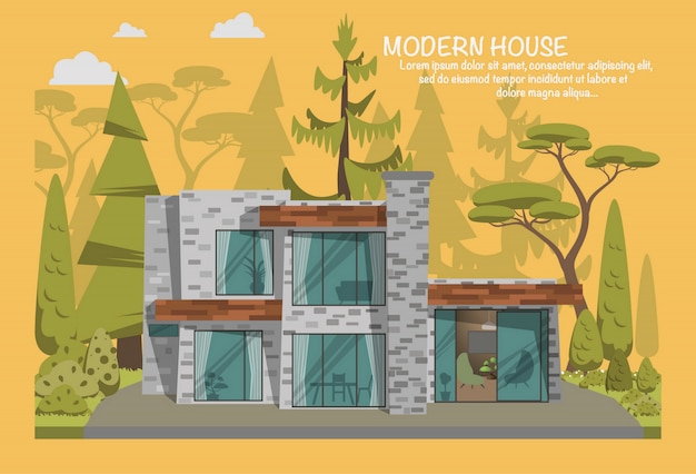 Vector modern house in forest.