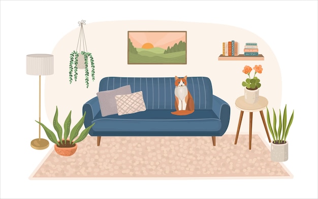 Vector modern house interior with sofa and sitting cat