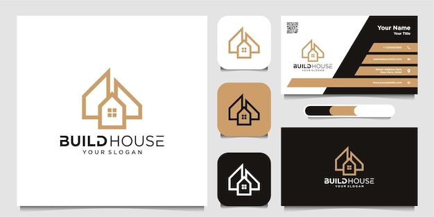 Modern house logo in simple line style with logo and business card