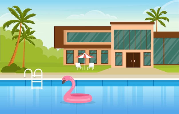 Vector modern house villa exterior with swimming pool at backyard illustration