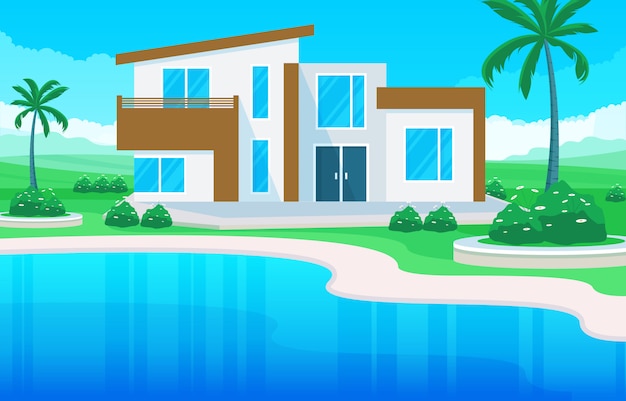 Modern house villa exterior with swimming pool at backyard illustration