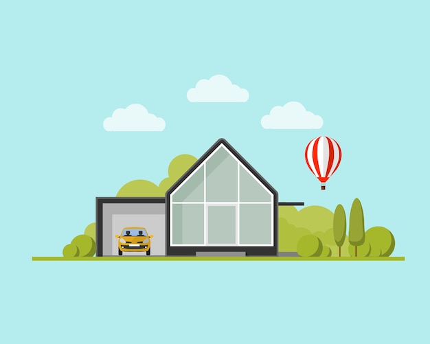 Vector modern house with garden and balloon