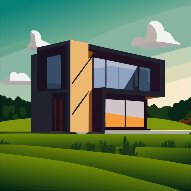 Vector modern house with a green land view outside