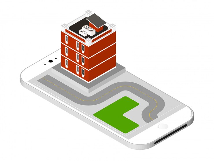 Vector modern house with a road standing on the smartphone screen. urban dwelling building with a windows and air-conditioning. vector illustration isolated