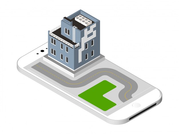 Modern house with a road standing on the smartphone screen. urban dwelling building with a windows and air-conditioning. vector illustration isolated