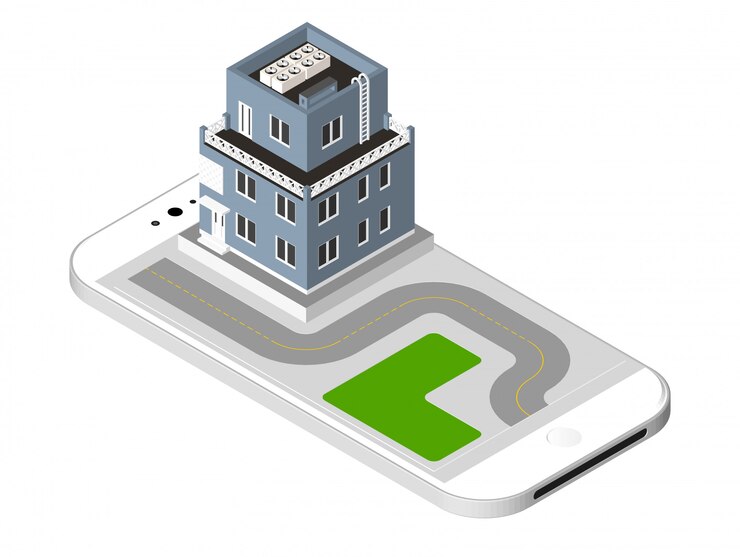 Vector modern house with a road standing on the smartphone screen. urban dwelling building with a windows and air-conditioning. vector illustration isolated