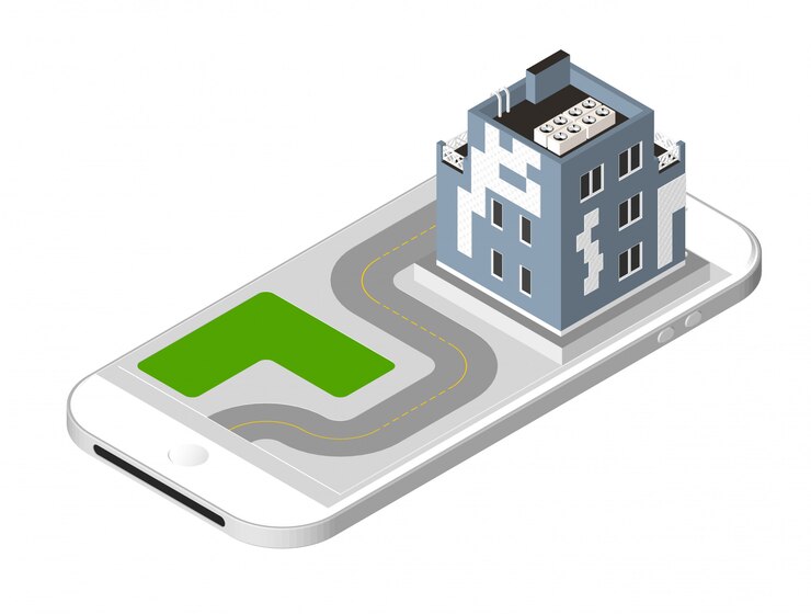 Vector modern house with a road standing on the smartphone screen. urban dwelling building with a windows and air-conditioning. vector illustration isolated
