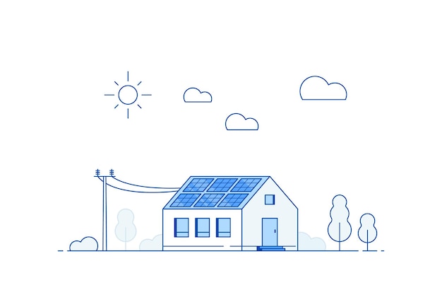 Modern House with Solar Panels on the Roof. Eco House, Energy Effective House, Green Energy concept banner design. Flat style vector illustration.