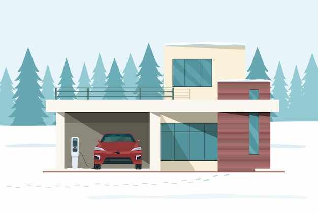 Modern huis en elektrische auto op opladen tegen in besneeuwde bos winterlandschap