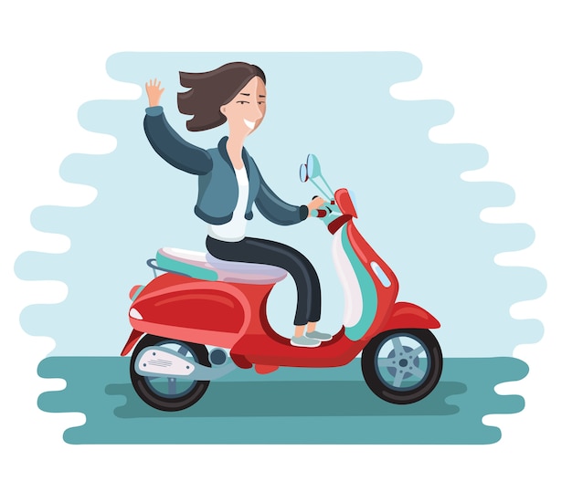 Vector modern icon on hipster young woman character riding fast retro scooter wearing sun glasses