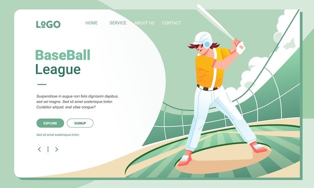 Modern Illustration Baseball player character sport and Landing Page Design for web page and app