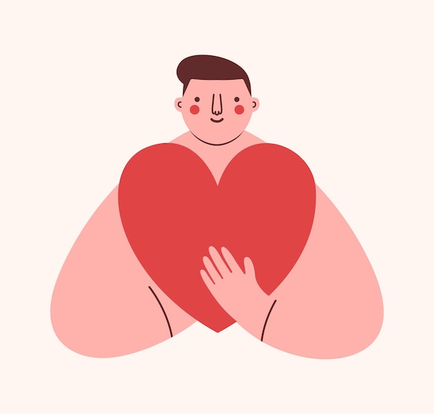 Modern illustration of man volunteer with big heart in hands. Cute clipart with boy activist.