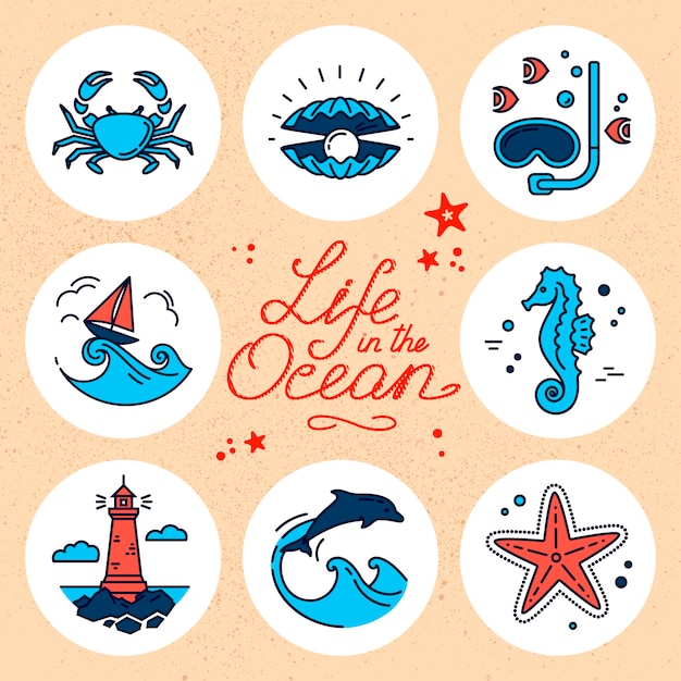 Vector modern illustration set of undersea life.