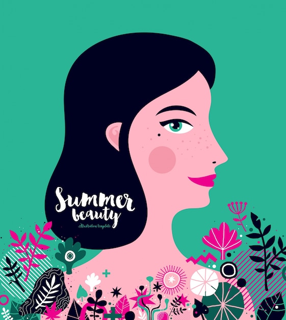 Modern illustration template with beautiful young girl and abstract floral elements.