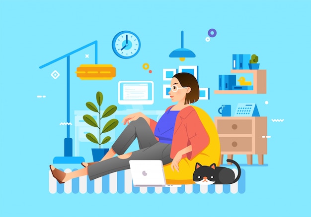Vector modern illustration of women stiting on bean bag with laptop and cat