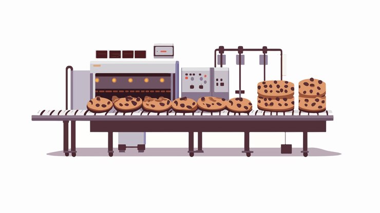 Vector modern industrial bakery with automated cookie production process