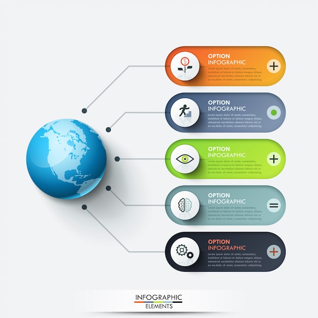 현대 Infographic 디자인 서식 파일입니다. 5 개의 둥근 텍스트 상자와 얇은 선 아이콘으로 연결된 행성