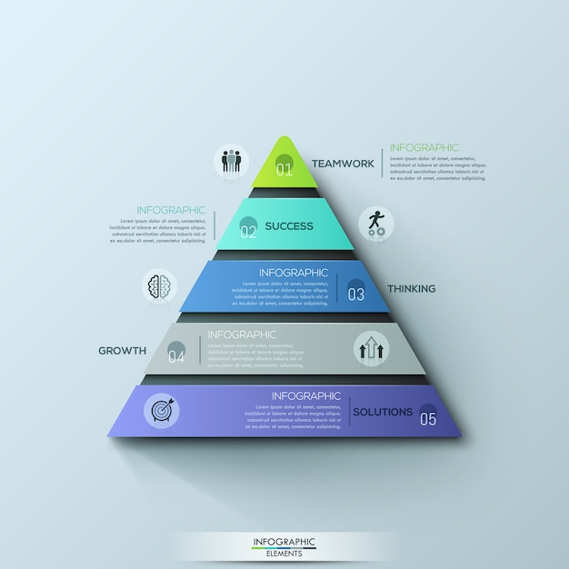 Modern infographic design template, triangular chart with 5 numbered layers or levels