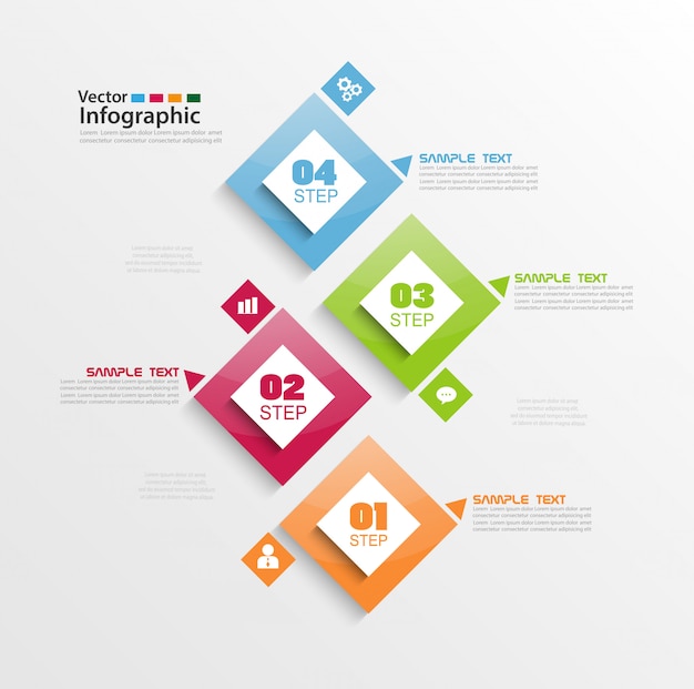 Elementi infographic moderni con quattro passaggi e quadrati colorati