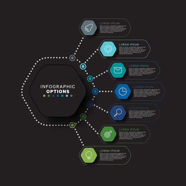 Modern infographic sjabloon concept met zeven zeshoekige relistische elementen in vlakke kleuren op een zwarte achtergrond. visualisatiegegevens voor bedrijfsprocesinformatie met acht stappen.