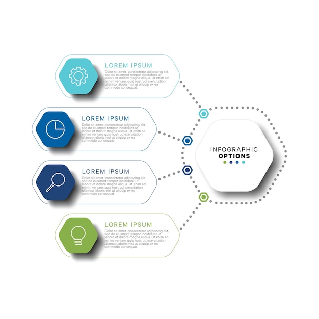 Modern infographic template concept with hexagonal realistic elements in flat colors on a white