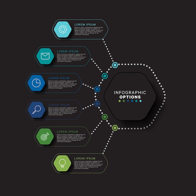 Современная концепция шаблона инфографики с шестью шестиугольными элементами Relistic в плоских цветах на черном фоне. Данные визуализации информации бизнес-процесса с восемью шагами.