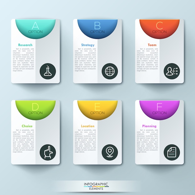 Modern infographic template with 6 rectangular folders and text boxes