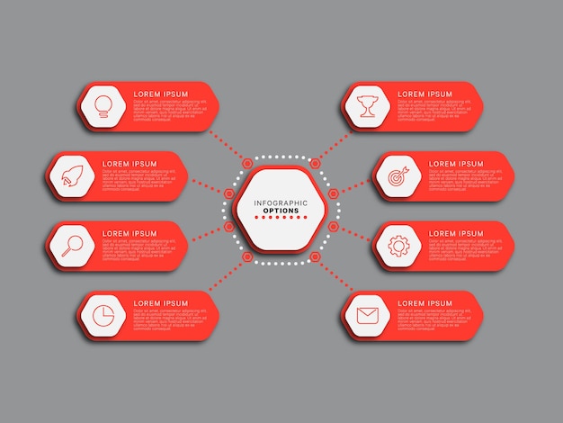 Modern infographic template with eight red hexagonal elements on a gray background