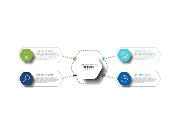 Modern infographic template with four hexagonal realistic elements in flat colors on a white