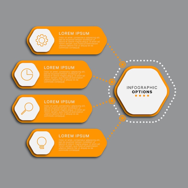 Modern infographic template with four orange hexagonal elements on a gray background