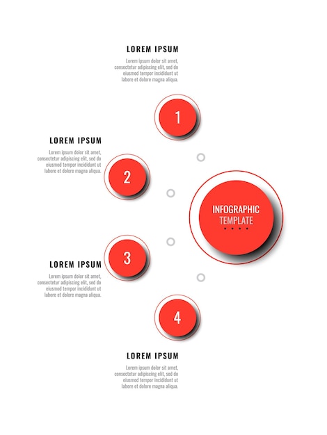 흰색 배경에 4개의 빨간색 라운드 요소가 있는 현대적인 인포그래픽 템플릿